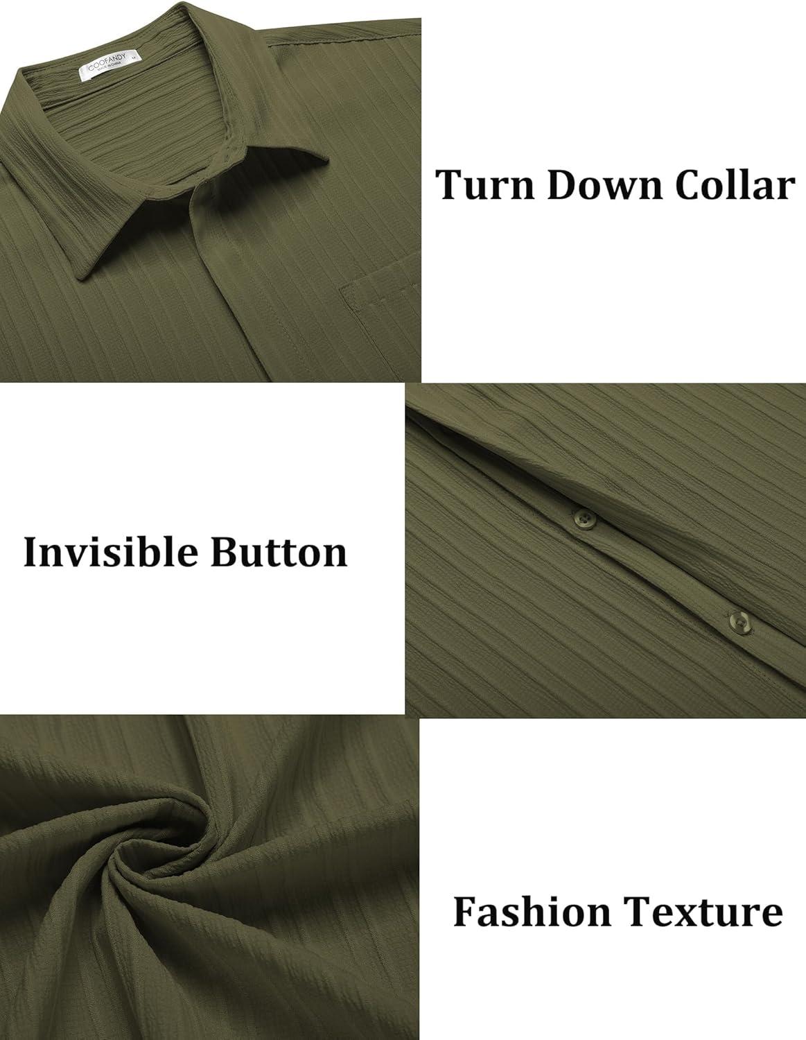 imageCOOFANDY Mens Casual Textured Short Sleeve Button Down Summer Beach ShirtArmy Green