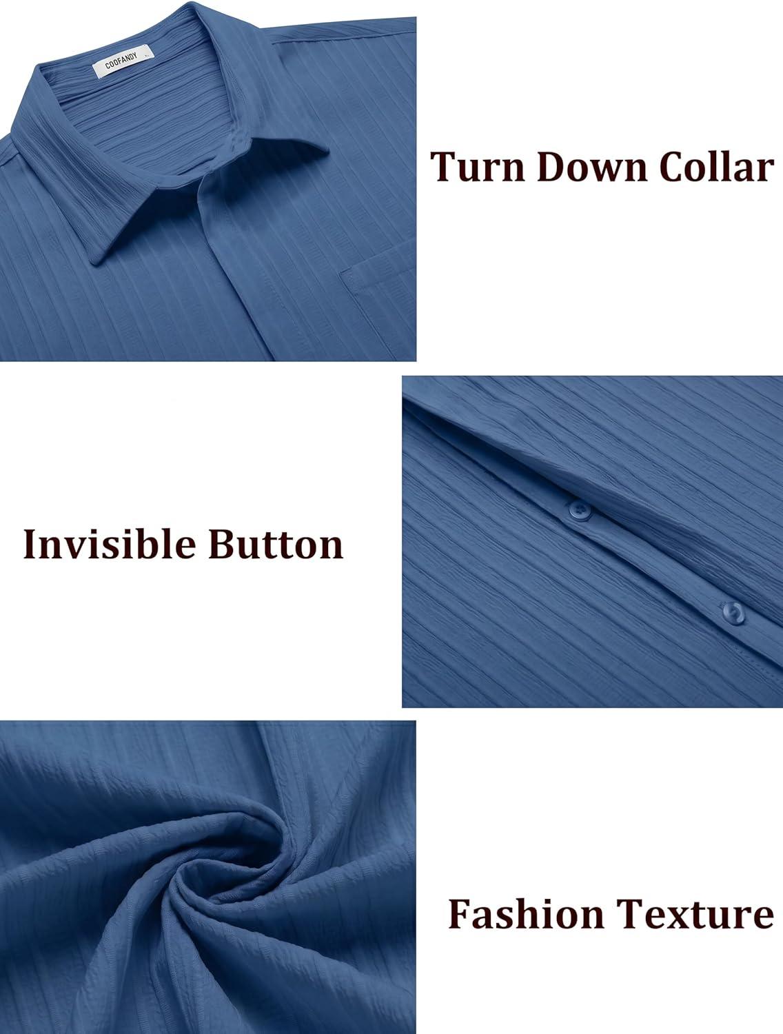 imageCOOFANDY Mens Casual Textured Short Sleeve Button Down Summer Beach ShirtDark Blue
