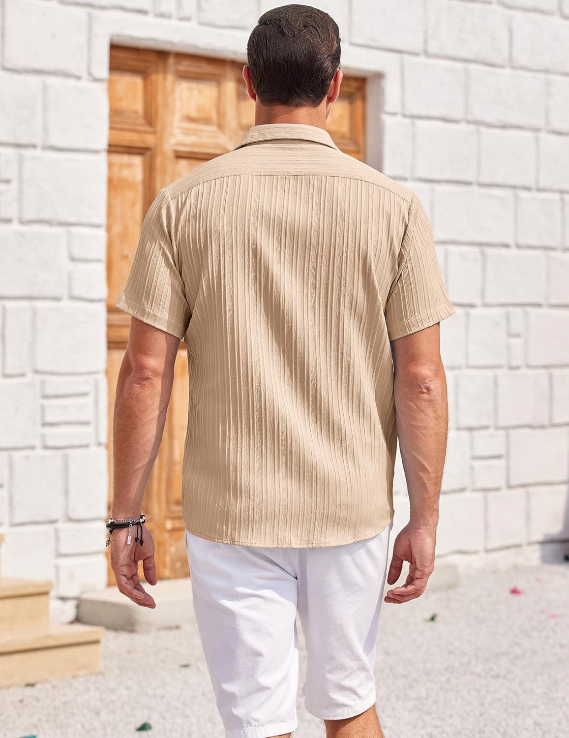 imageCOOFANDY Mens Casual Textured Short Sleeve Button Down Summer Beach ShirtKhaki
