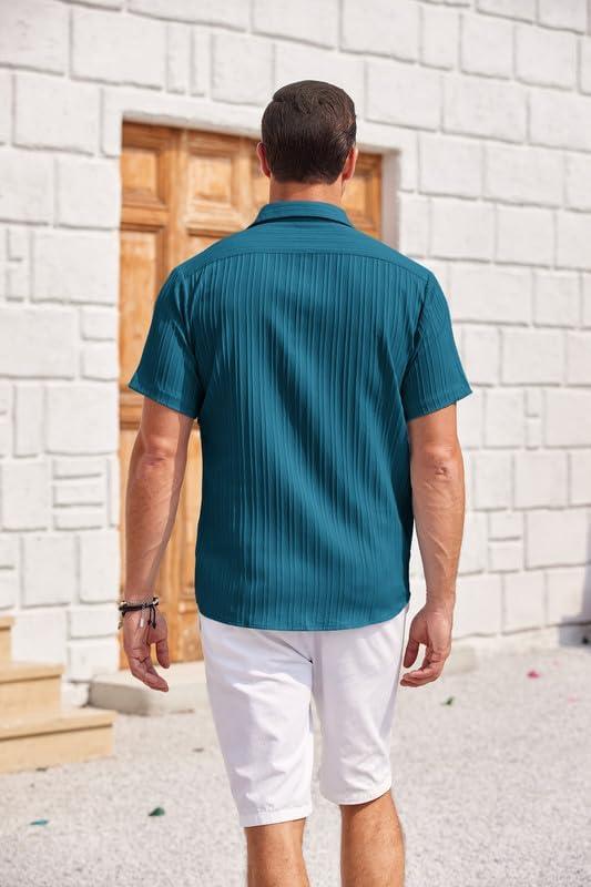 imageCOOFANDY Mens Casual Textured Short Sleeve Button Down Summer Beach ShirtLake Blue