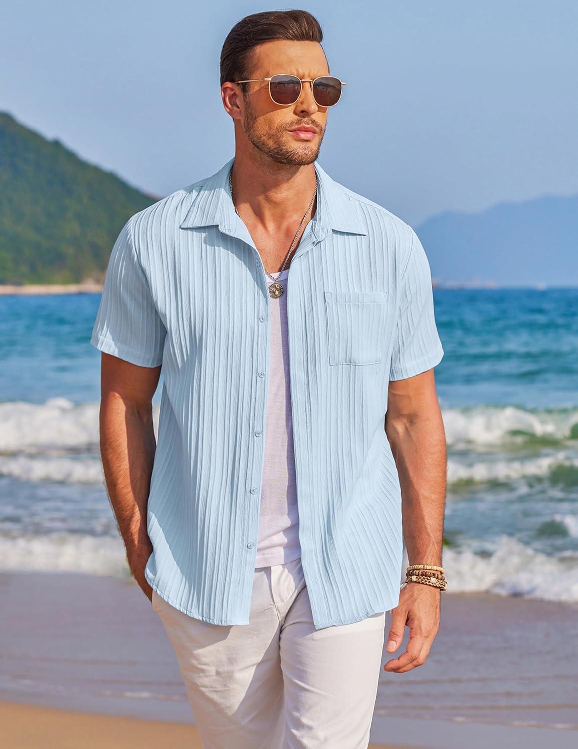 imageCOOFANDY Mens Casual Textured Short Sleeve Button Down Summer Beach ShirtLight Blue