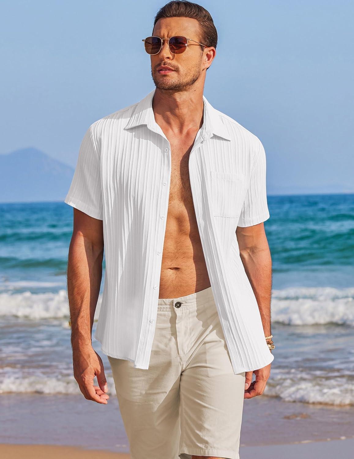 imageCOOFANDY Mens Casual Textured Short Sleeve Button Down Summer Beach ShirtWhite
