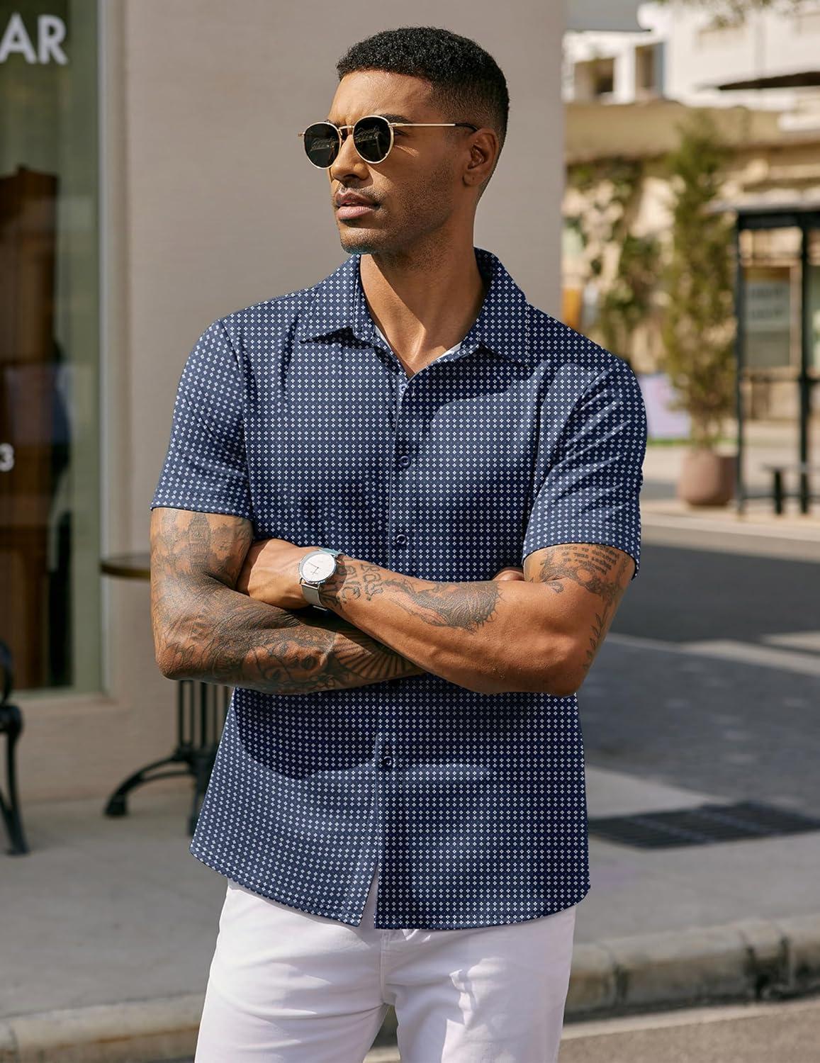 imageCOOFANDY Mens Casual Wrinkle Free Shirts Short Sleeve Button Down Summer Stretch Dress ShirtWhite Geometric Shape Blue
