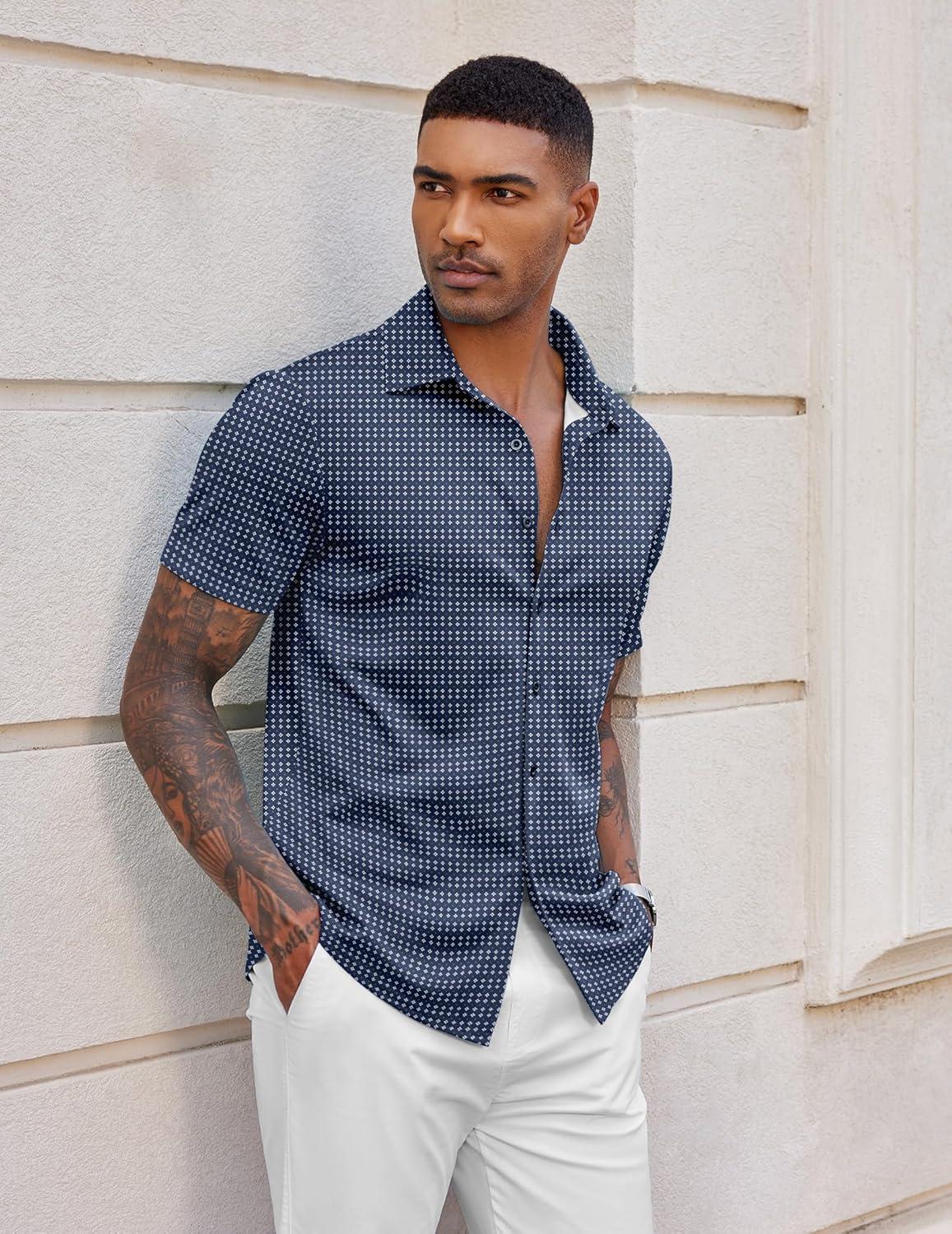 imageCOOFANDY Mens Casual Wrinkle Free Shirts Short Sleeve Button Down Summer Stretch Dress ShirtWhite Geometric Shape Blue