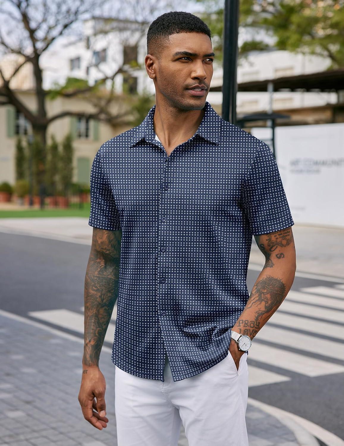 imageCOOFANDY Mens Casual Wrinkle Free Shirts Short Sleeve Button Down Summer Stretch Dress ShirtWhite Geometric Shape Blue