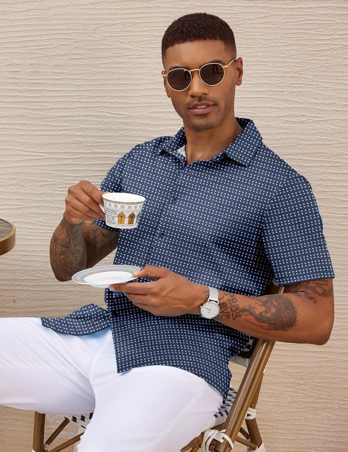 imageCOOFANDY Mens Casual Wrinkle Free Shirts Short Sleeve Button Down Summer Stretch Dress ShirtWhite Geometric Shape Blue