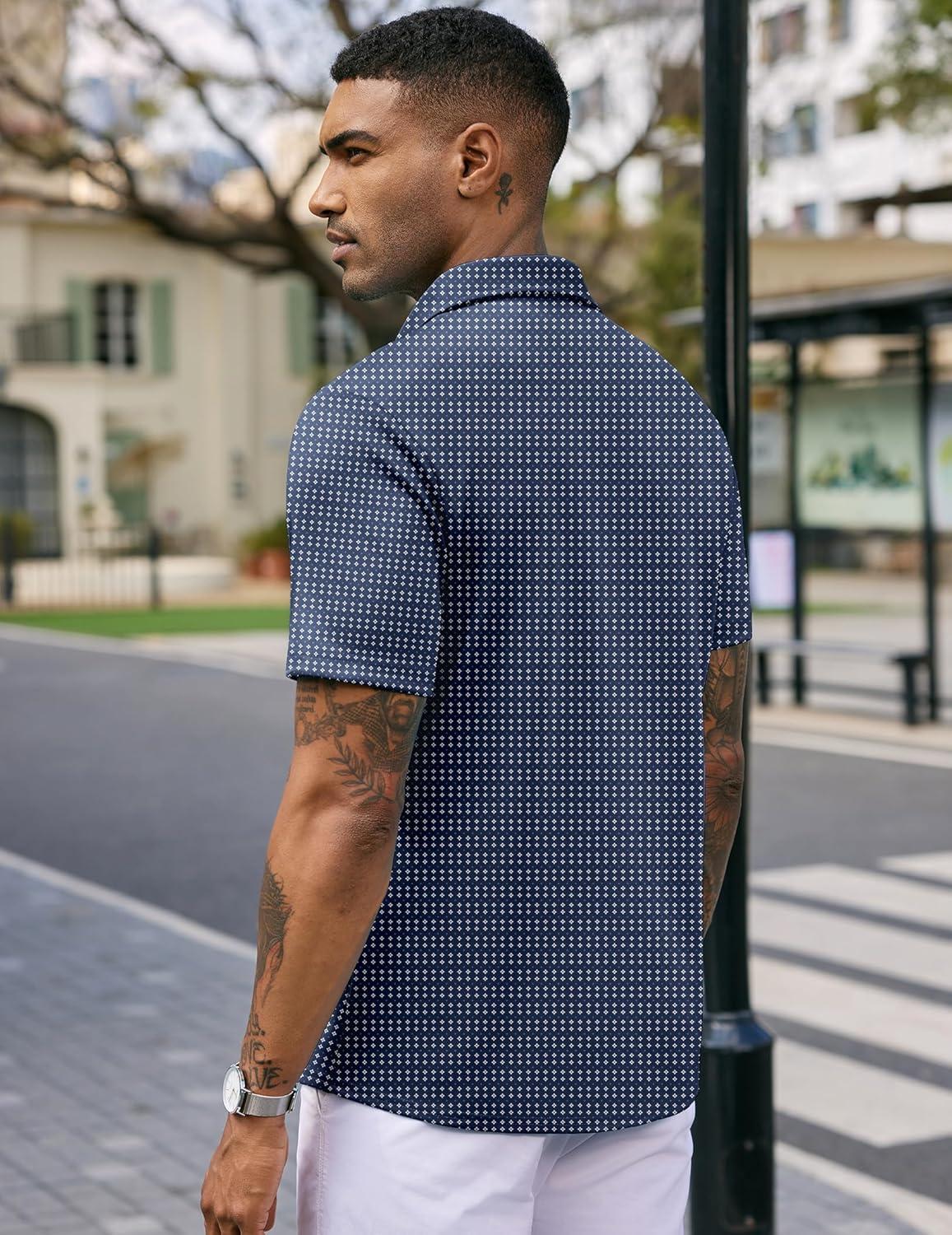 imageCOOFANDY Mens Casual Wrinkle Free Shirts Short Sleeve Button Down Summer Stretch Dress ShirtWhite Geometric Shape Blue