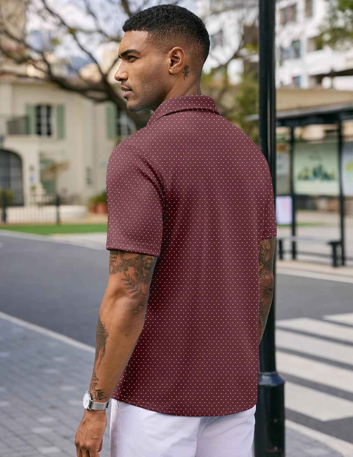 imageCOOFANDY Mens Casual Wrinkle Free Shirts Short Sleeve Button Down Summer Stretch Dress ShirtWhite Polka Dots Wine Red