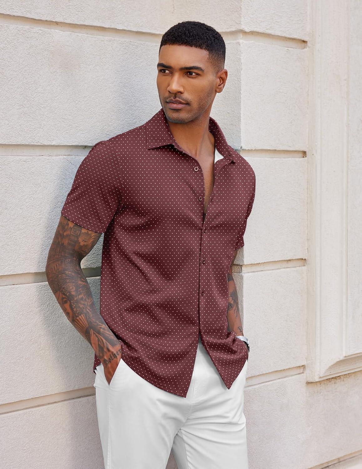 imageCOOFANDY Mens Casual Wrinkle Free Shirts Short Sleeve Button Down Summer Stretch Dress ShirtWhite Polka Dots Wine Red