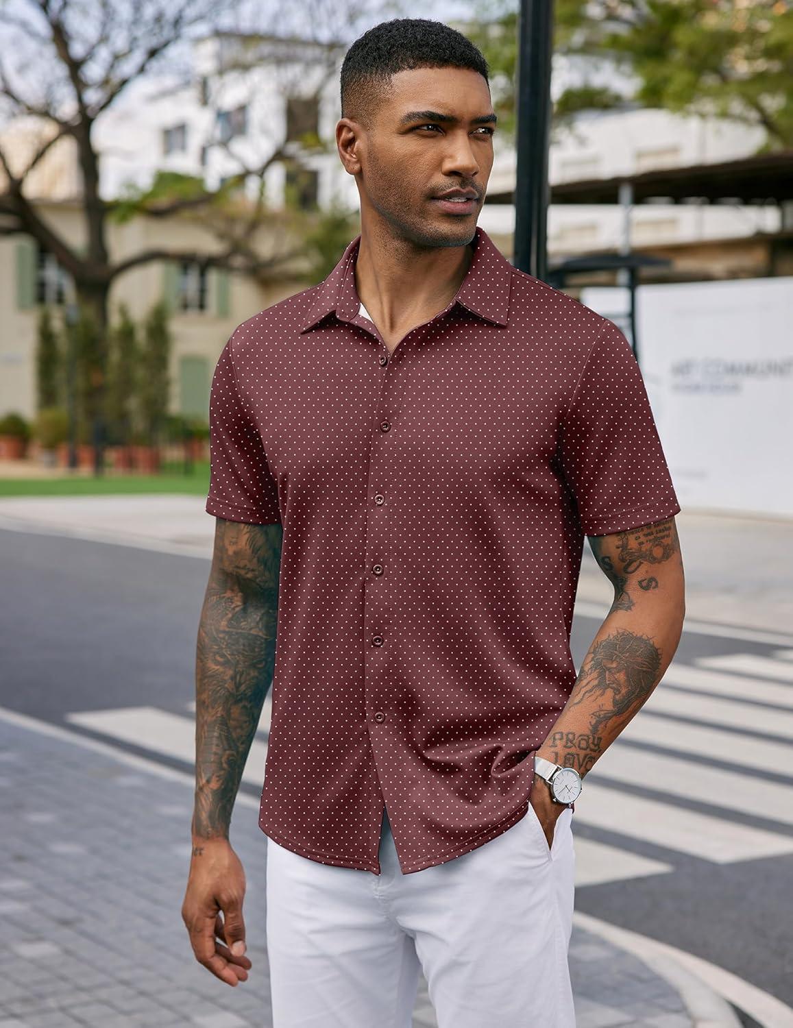 imageCOOFANDY Mens Casual Wrinkle Free Shirts Short Sleeve Button Down Summer Stretch Dress ShirtWhite Polka Dots Wine Red