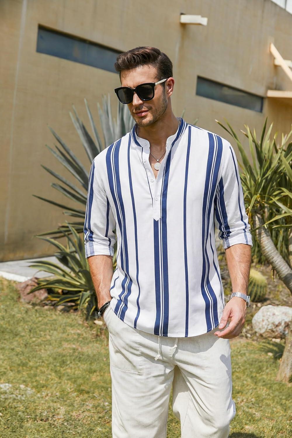 imageCOOFANDY Mens Cotton Linen Henley TShirt Long Sleeve Hippie Casual Beach TShirtsDark Blue Stripes