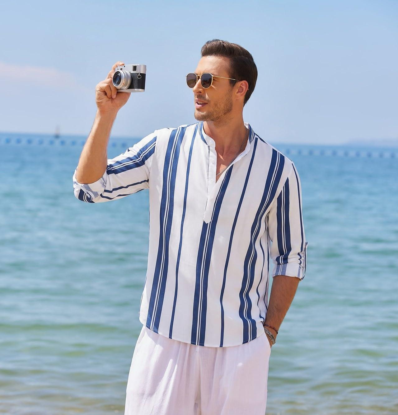 imageCOOFANDY Mens Cotton Linen Henley TShirt Long Sleeve Hippie Casual Beach TShirtsDark Blue Stripes