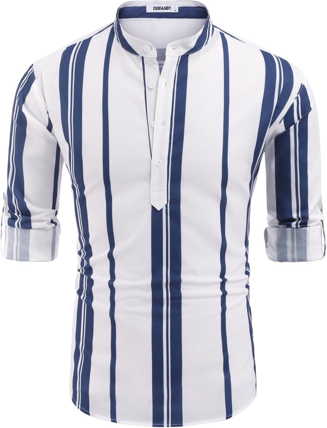 imageCOOFANDY Mens Cotton Linen Henley TShirt Long Sleeve Hippie Casual Beach TShirtsDark Blue Stripes