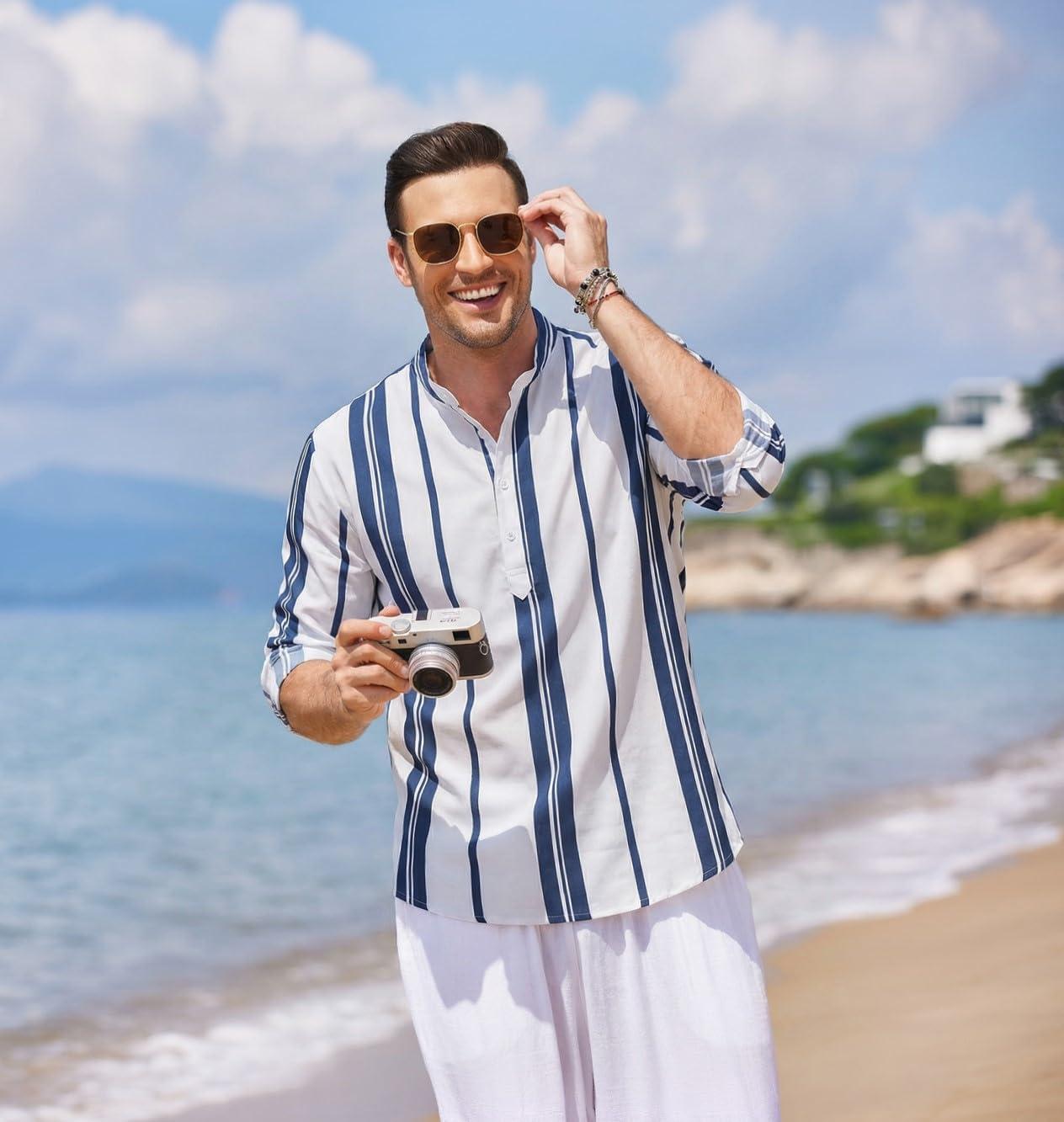 imageCOOFANDY Mens Cotton Linen Henley TShirt Long Sleeve Hippie Casual Beach TShirtsDark Blue Stripes
