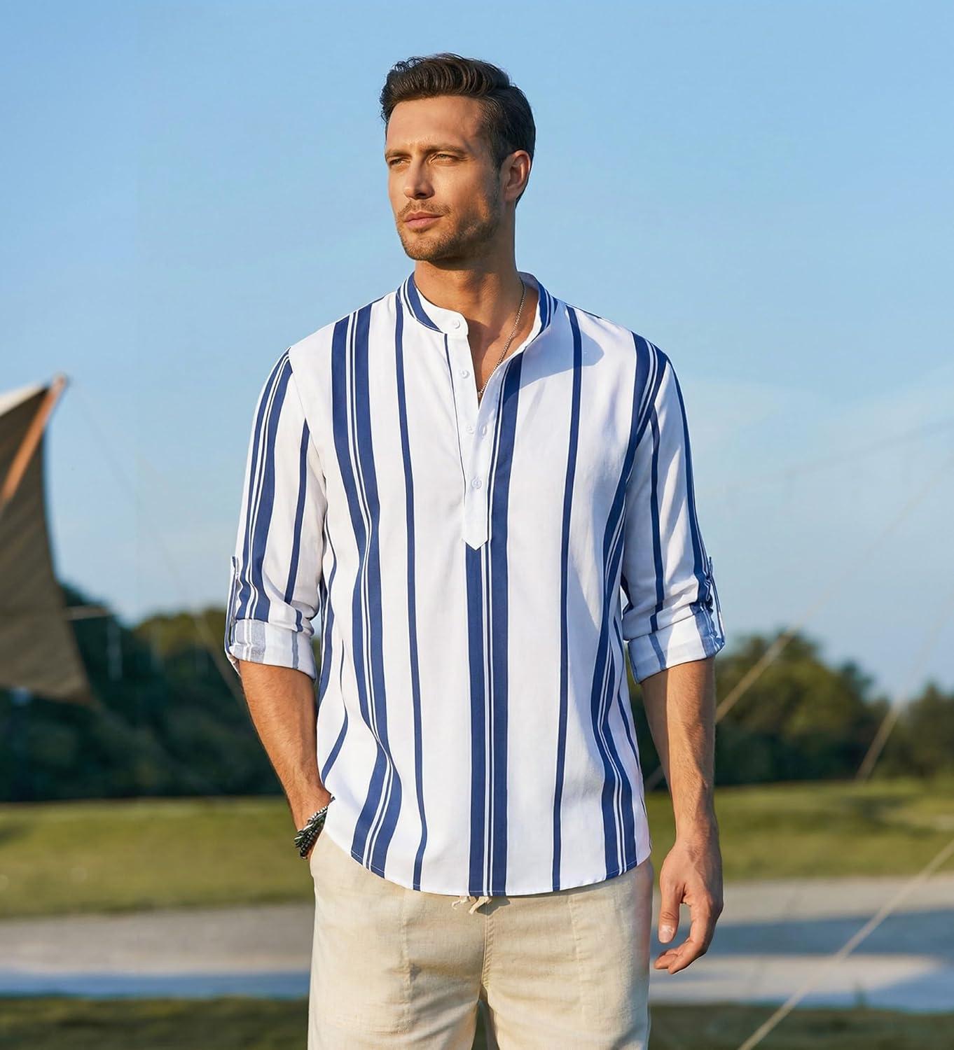 imageCOOFANDY Mens Cotton Linen Henley TShirt Long Sleeve Hippie Casual Beach TShirtsDark Blue Stripes