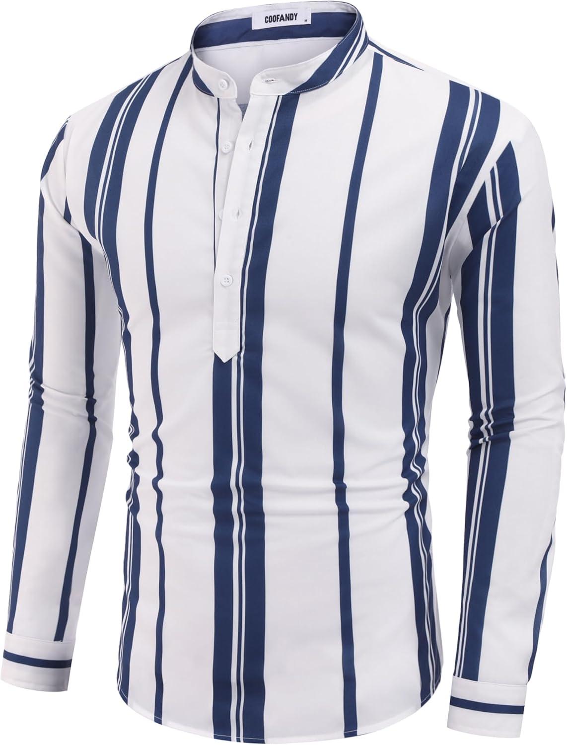 imageCOOFANDY Mens Cotton Linen Henley TShirt Long Sleeve Hippie Casual Beach TShirtsDark Blue Stripes