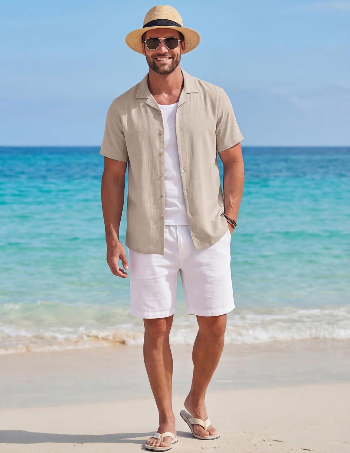 imageCOOFANDY Mens Cotton Shirts Short Sleeve Button Down Shirts Casual Beach Summer Cuban Collar ShirtBeige