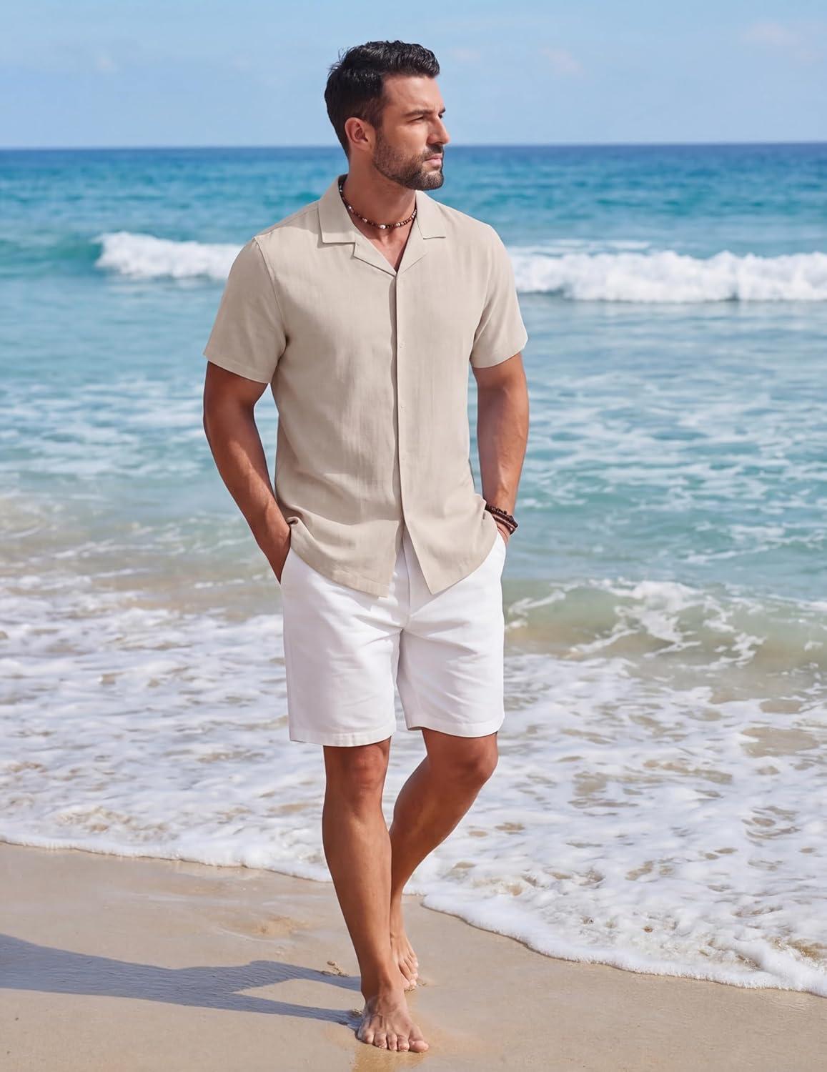 imageCOOFANDY Mens Cotton Shirts Short Sleeve Button Down Shirts Casual Beach Summer Cuban Collar ShirtBeige