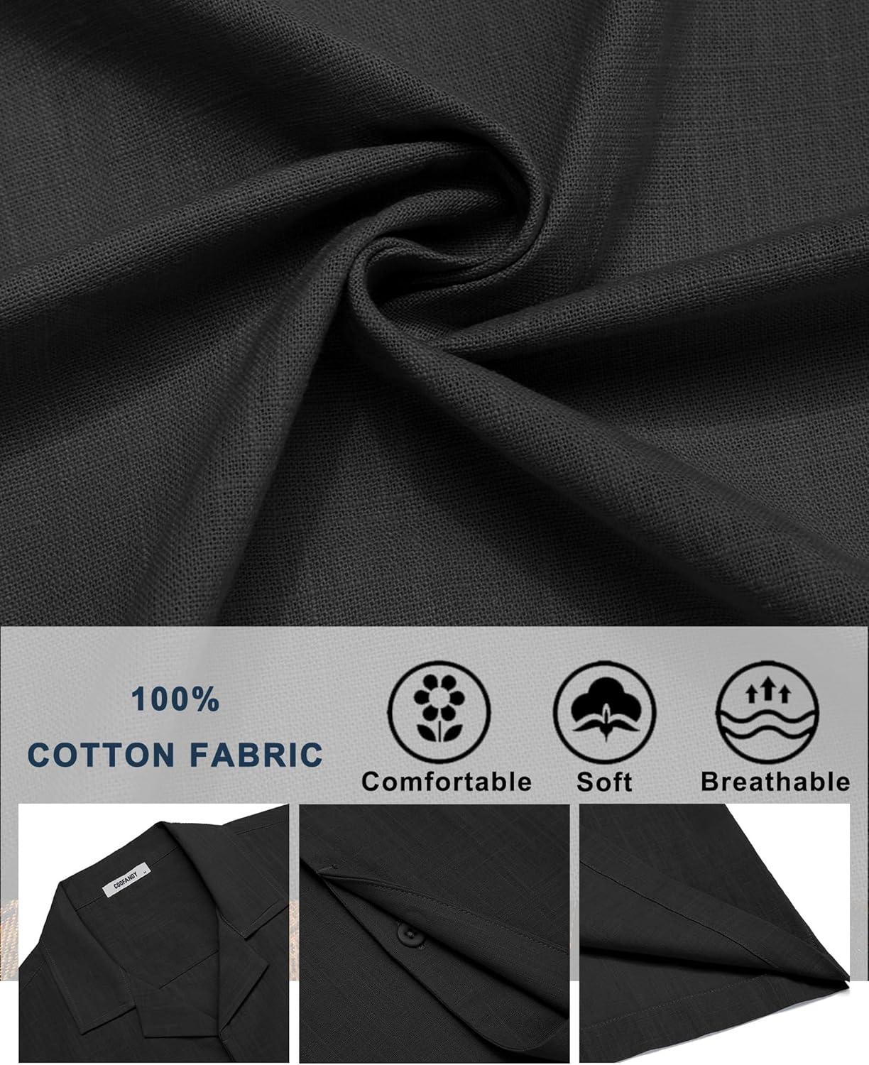 imageCOOFANDY Mens Cotton Shirts Short Sleeve Button Down Shirts Casual Beach Summer Cuban Collar ShirtBlack