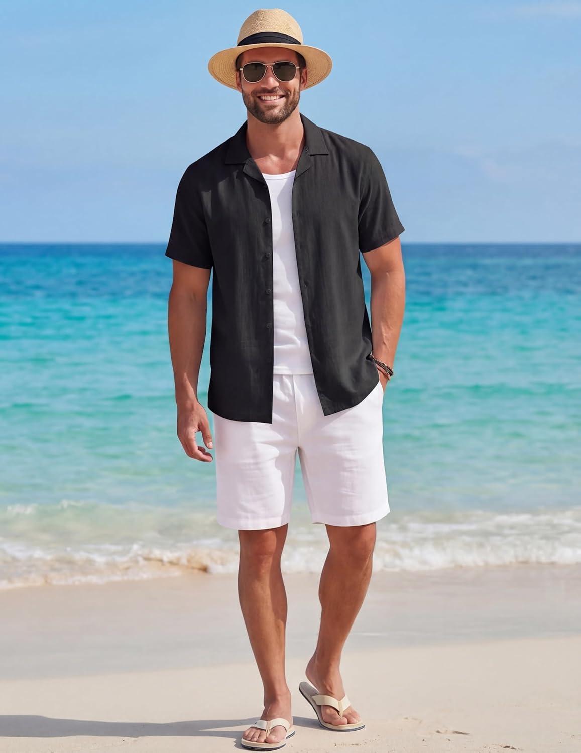 imageCOOFANDY Mens Cotton Shirts Short Sleeve Button Down Shirts Casual Beach Summer Cuban Collar ShirtBlack