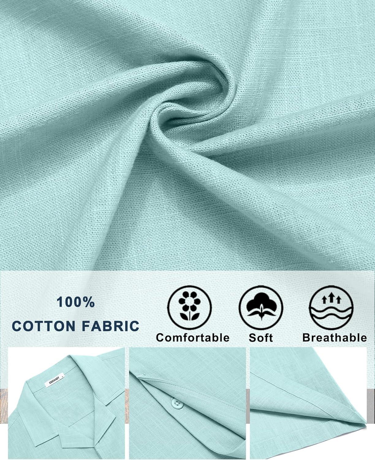 imageCOOFANDY Mens Cotton Shirts Short Sleeve Button Down Shirts Casual Beach Summer Cuban Collar ShirtBlue
