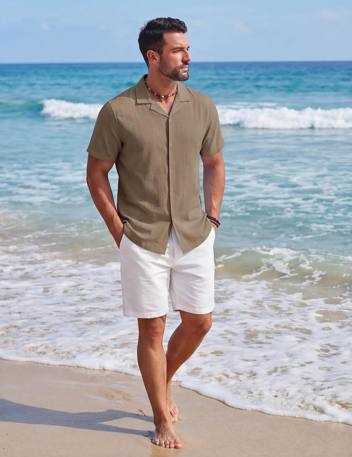 imageCOOFANDY Mens Cotton Shirts Short Sleeve Button Down Shirts Casual Beach Summer Cuban Collar ShirtKhaki