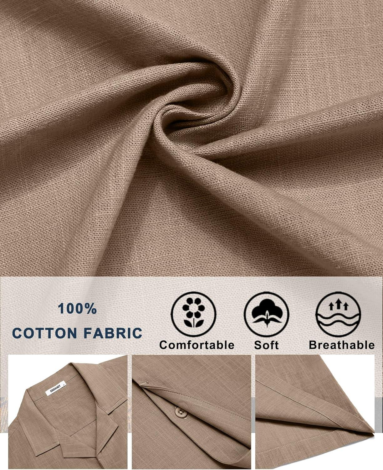 imageCOOFANDY Mens Cotton Shirts Short Sleeve Button Down Shirts Casual Beach Summer Cuban Collar ShirtKhaki