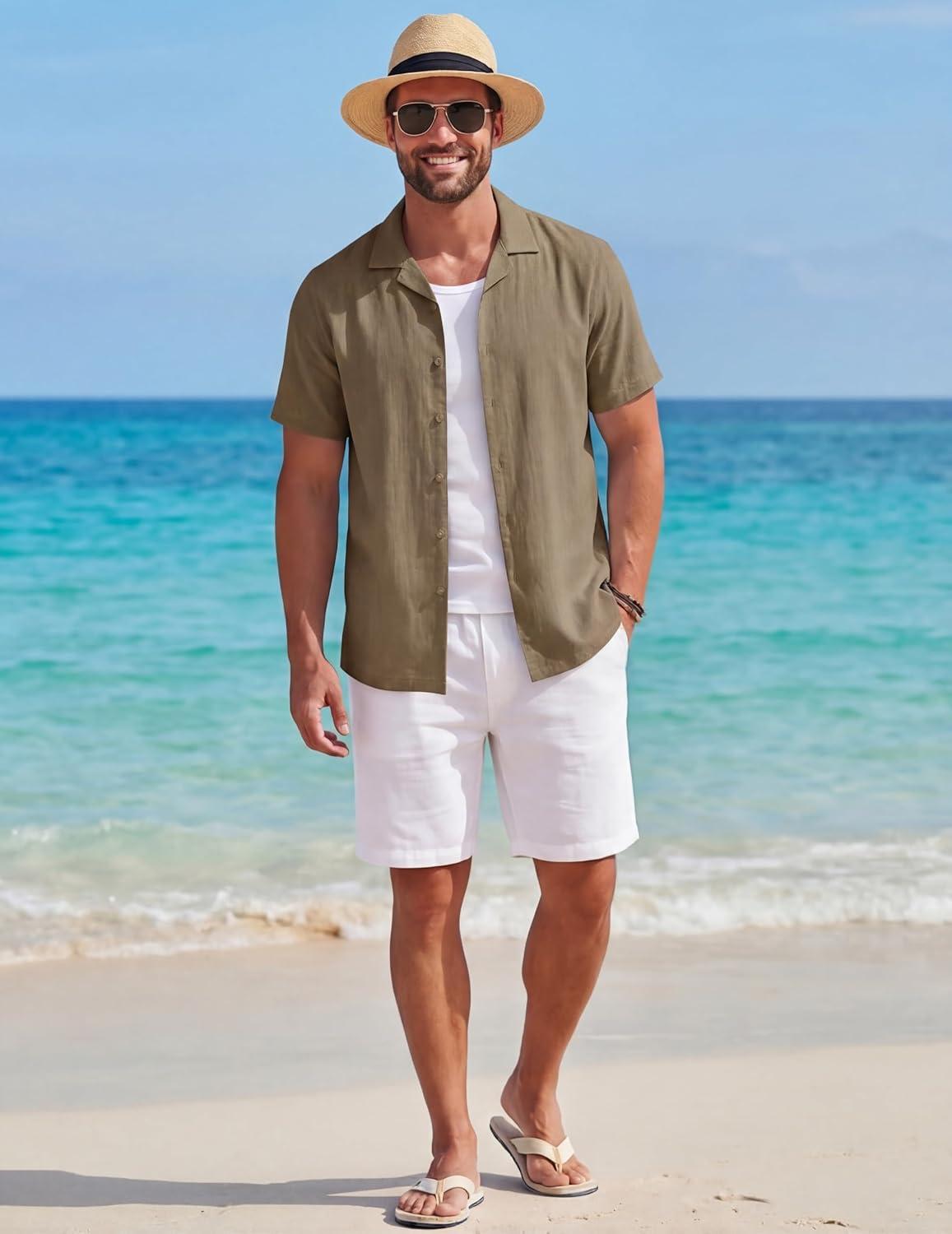 imageCOOFANDY Mens Cotton Shirts Short Sleeve Button Down Shirts Casual Beach Summer Cuban Collar ShirtKhaki