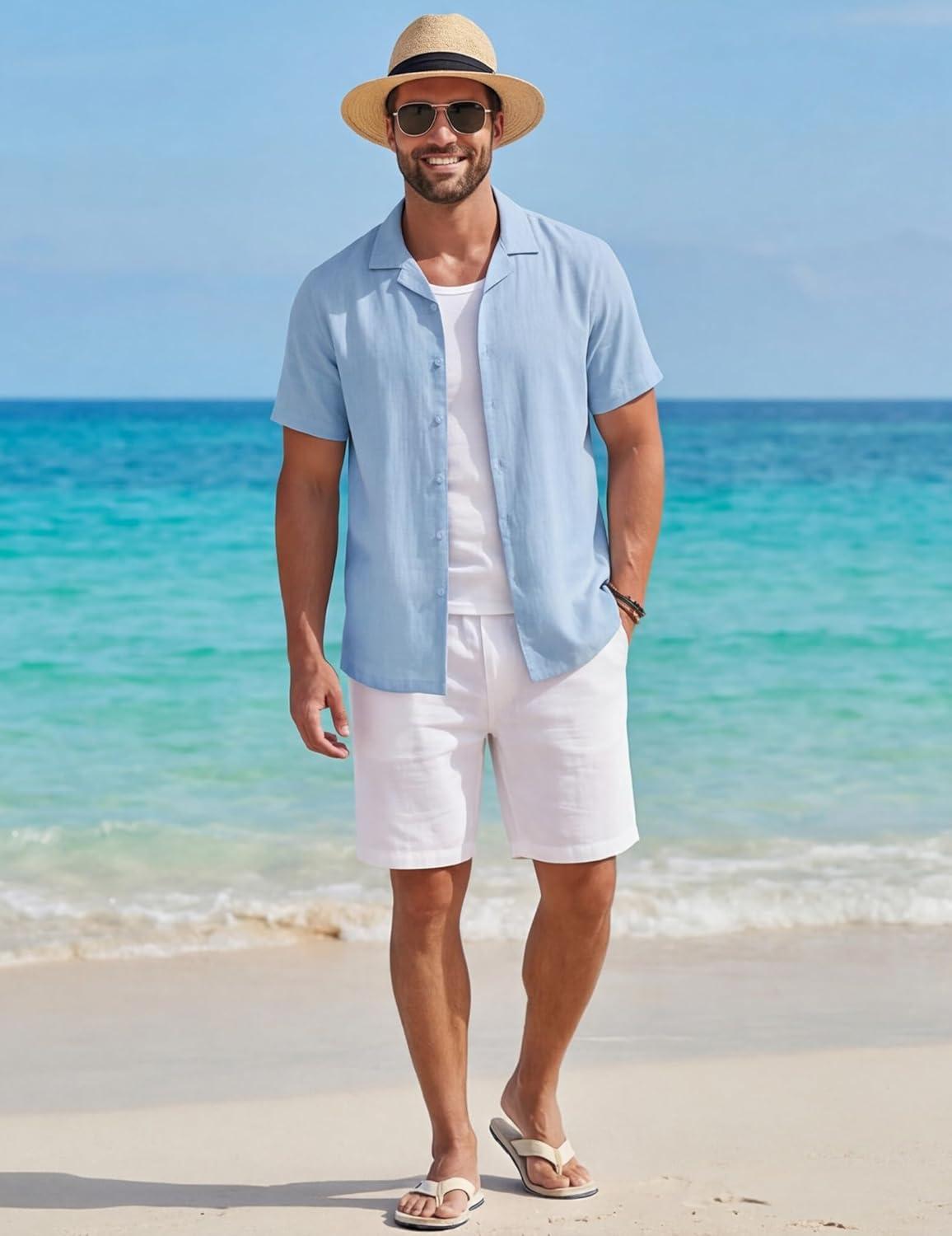 imageCOOFANDY Mens Cotton Shirts Short Sleeve Button Down Shirts Casual Beach Summer Cuban Collar ShirtLight Blue