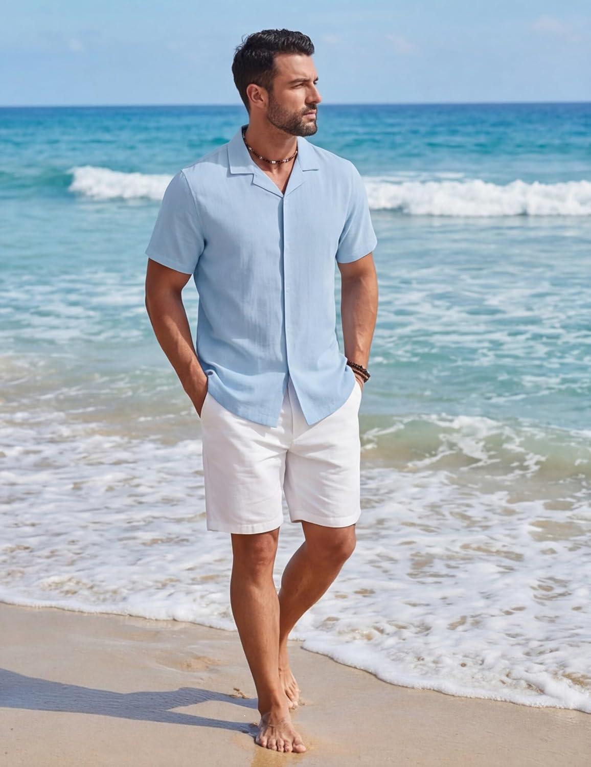 imageCOOFANDY Mens Cotton Shirts Short Sleeve Button Down Shirts Casual Beach Summer Cuban Collar ShirtLight Blue