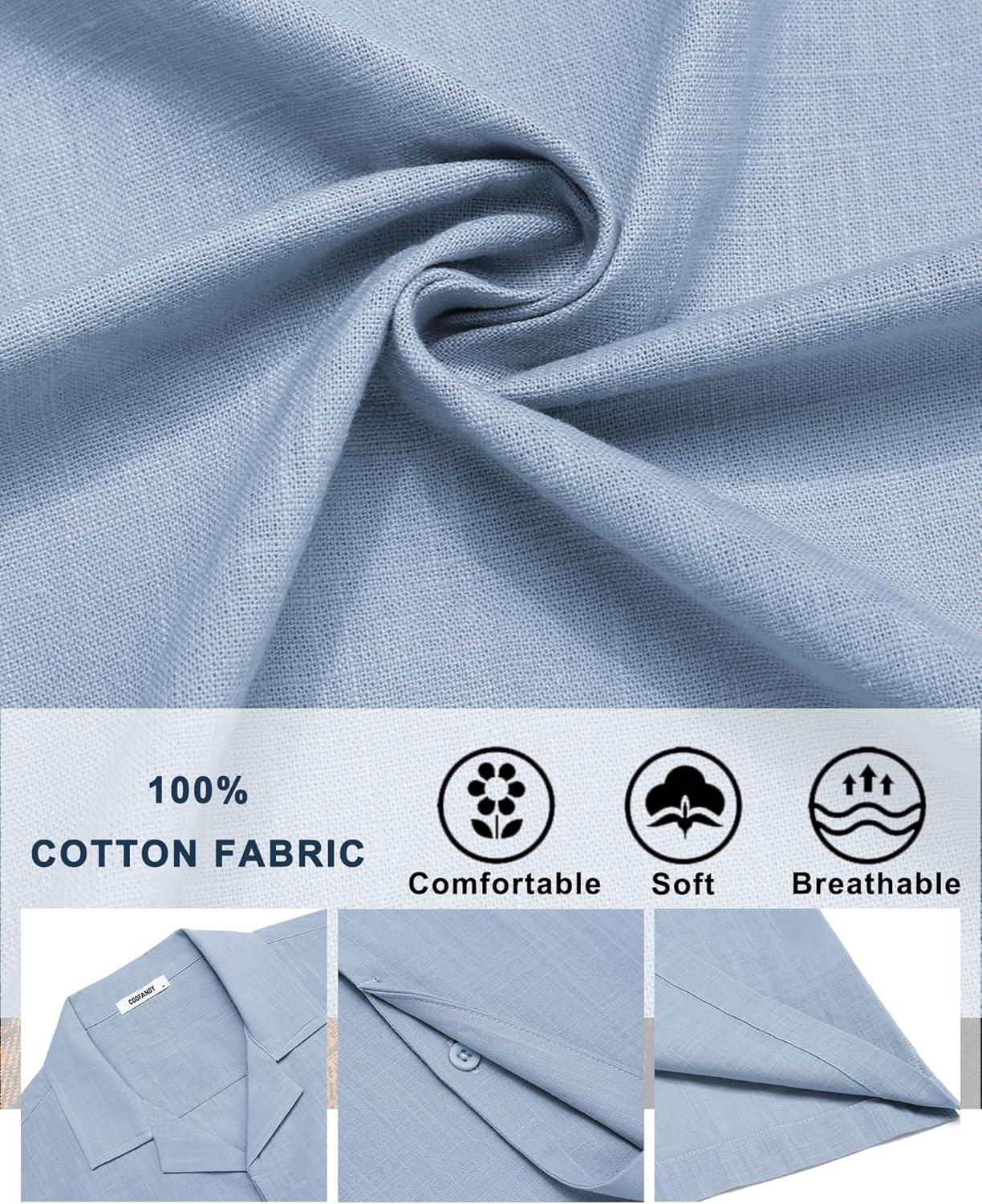 imageCOOFANDY Mens Cotton Shirts Short Sleeve Button Down Shirts Casual Beach Summer Cuban Collar ShirtLight Blue