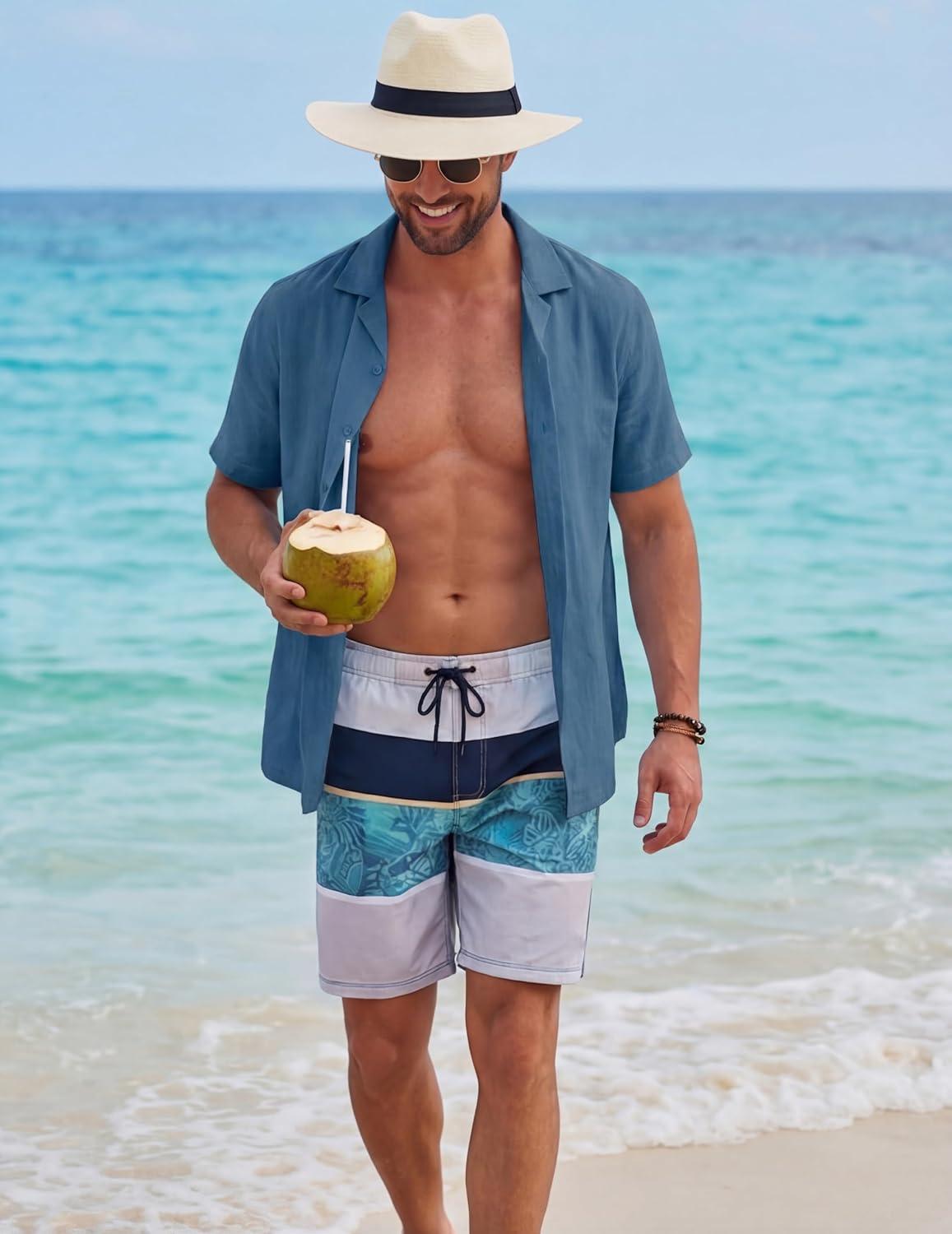 imageCOOFANDY Mens Cotton Shirts Short Sleeve Button Down Shirts Casual Beach Summer Cuban Collar ShirtNavy Blue
