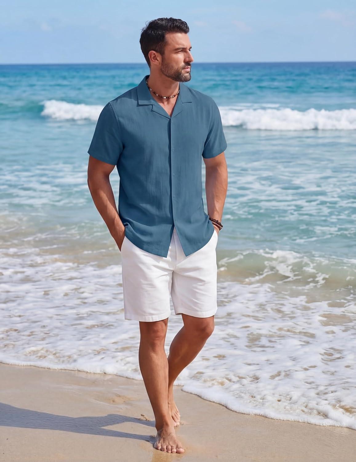 imageCOOFANDY Mens Cotton Shirts Short Sleeve Button Down Shirts Casual Beach Summer Cuban Collar ShirtNavy Blue