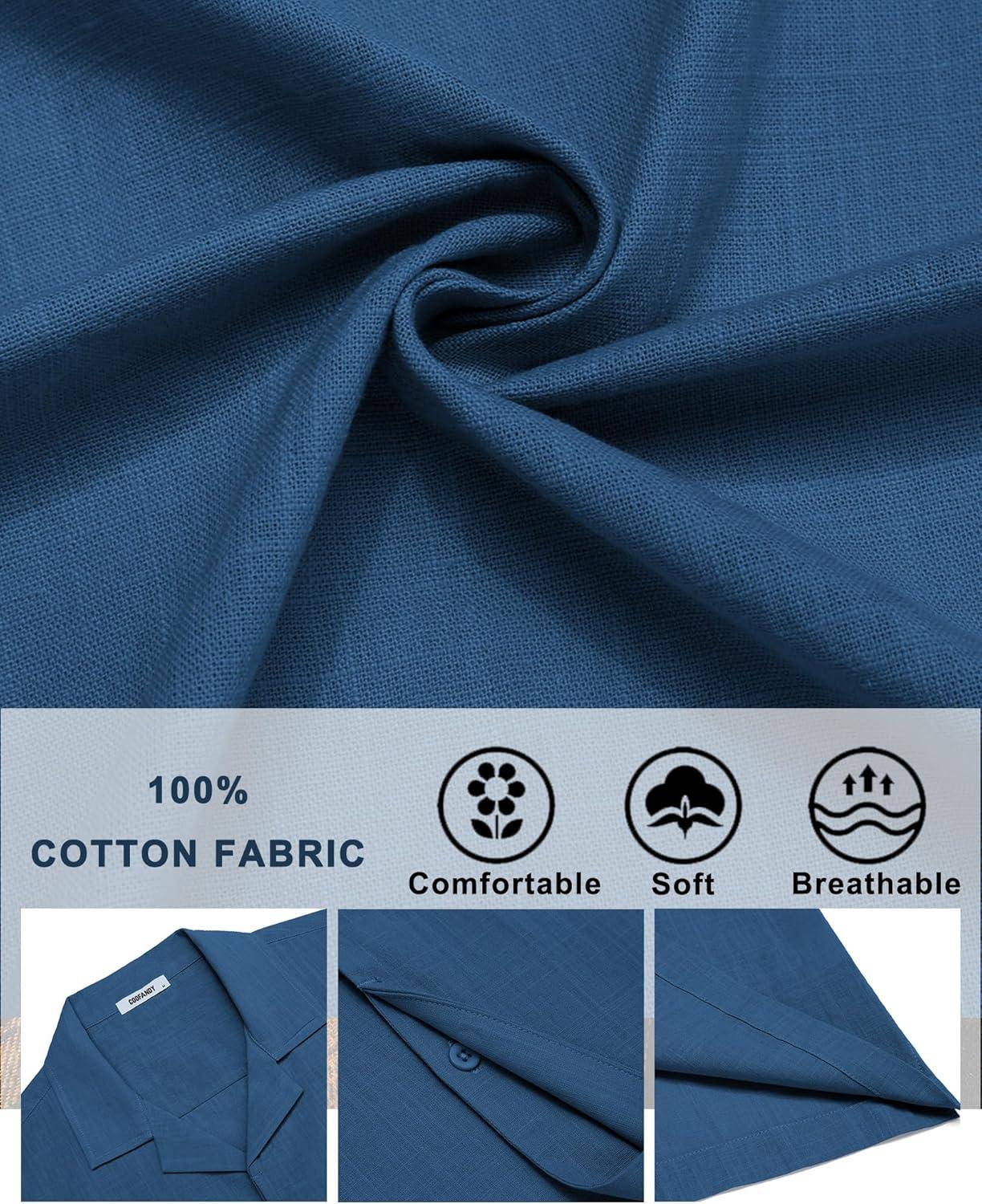imageCOOFANDY Mens Cotton Shirts Short Sleeve Button Down Shirts Casual Beach Summer Cuban Collar ShirtNavy Blue
