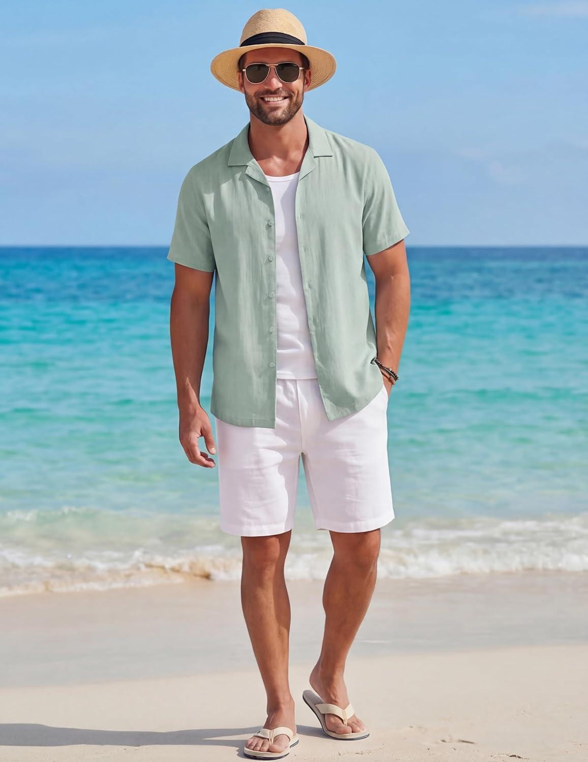 imageCOOFANDY Mens Cotton Shirts Short Sleeve Button Down Shirts Casual Beach Summer Cuban Collar ShirtSage Green