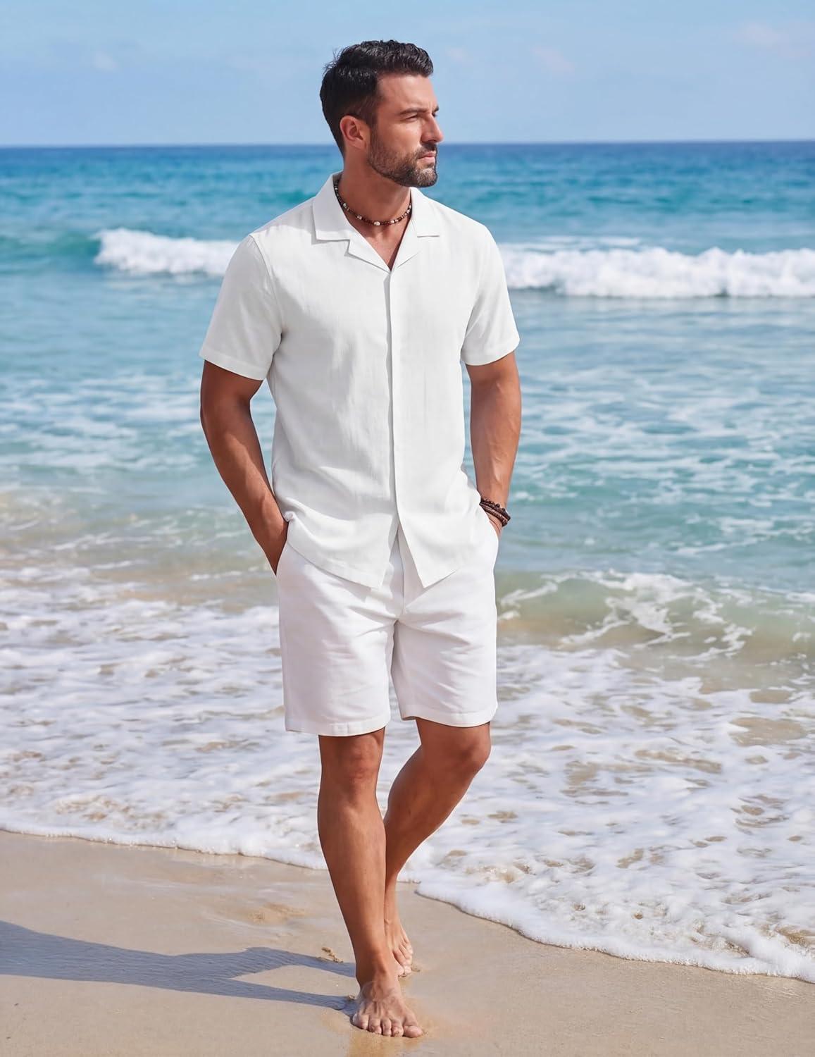 imageCOOFANDY Mens Cotton Shirts Short Sleeve Button Down Shirts Casual Beach Summer Cuban Collar ShirtWhite