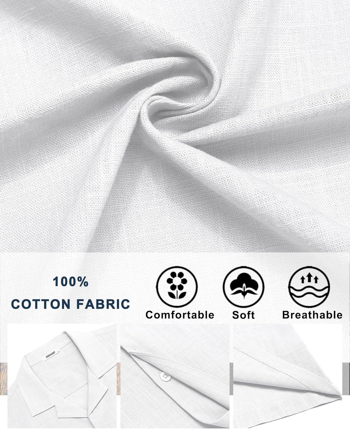 imageCOOFANDY Mens Cotton Shirts Short Sleeve Button Down Shirts Casual Beach Summer Cuban Collar ShirtWhite