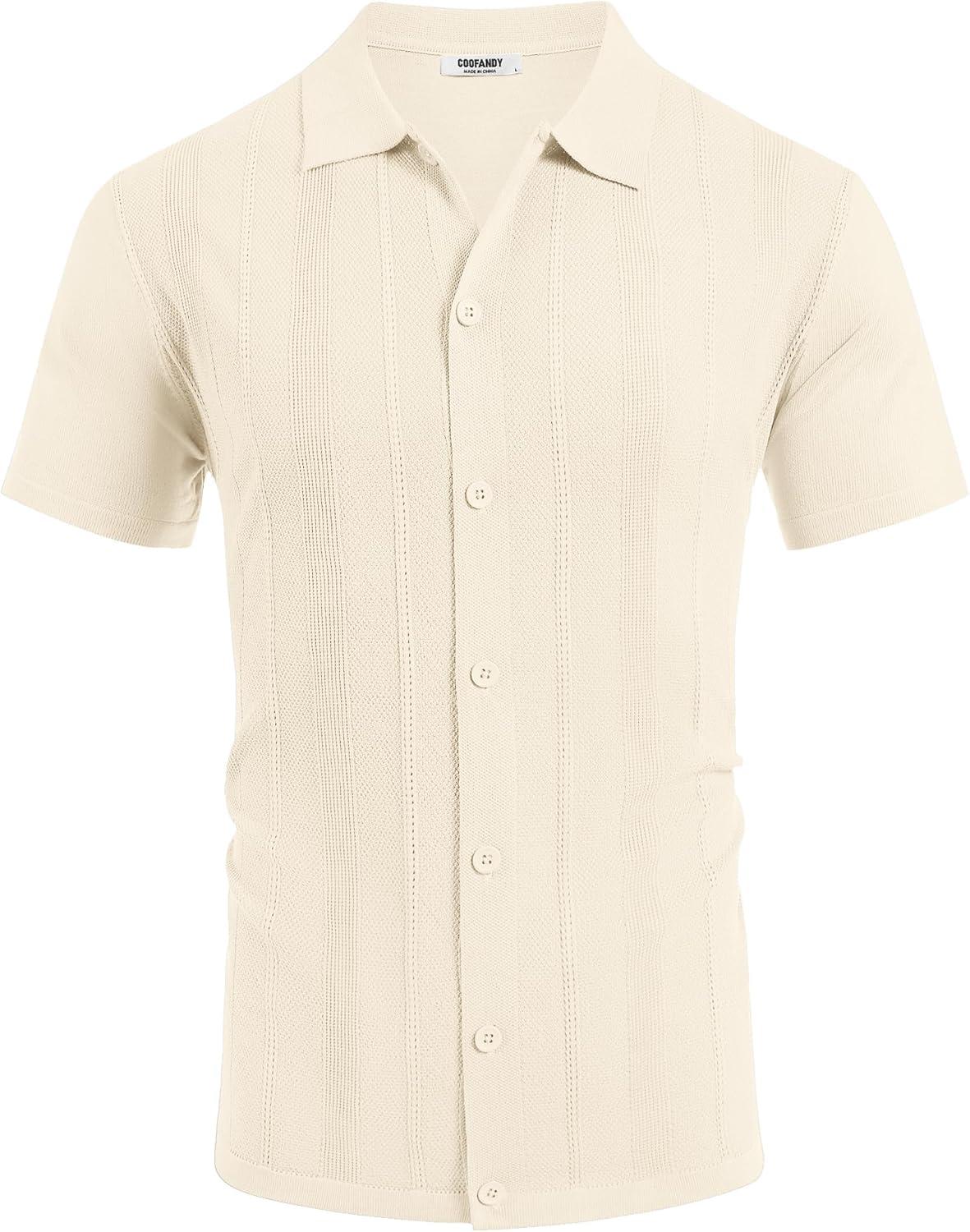 imageCOOFANDY Mens Knit Short Sleeve Button Down Polo ShirtsBeige