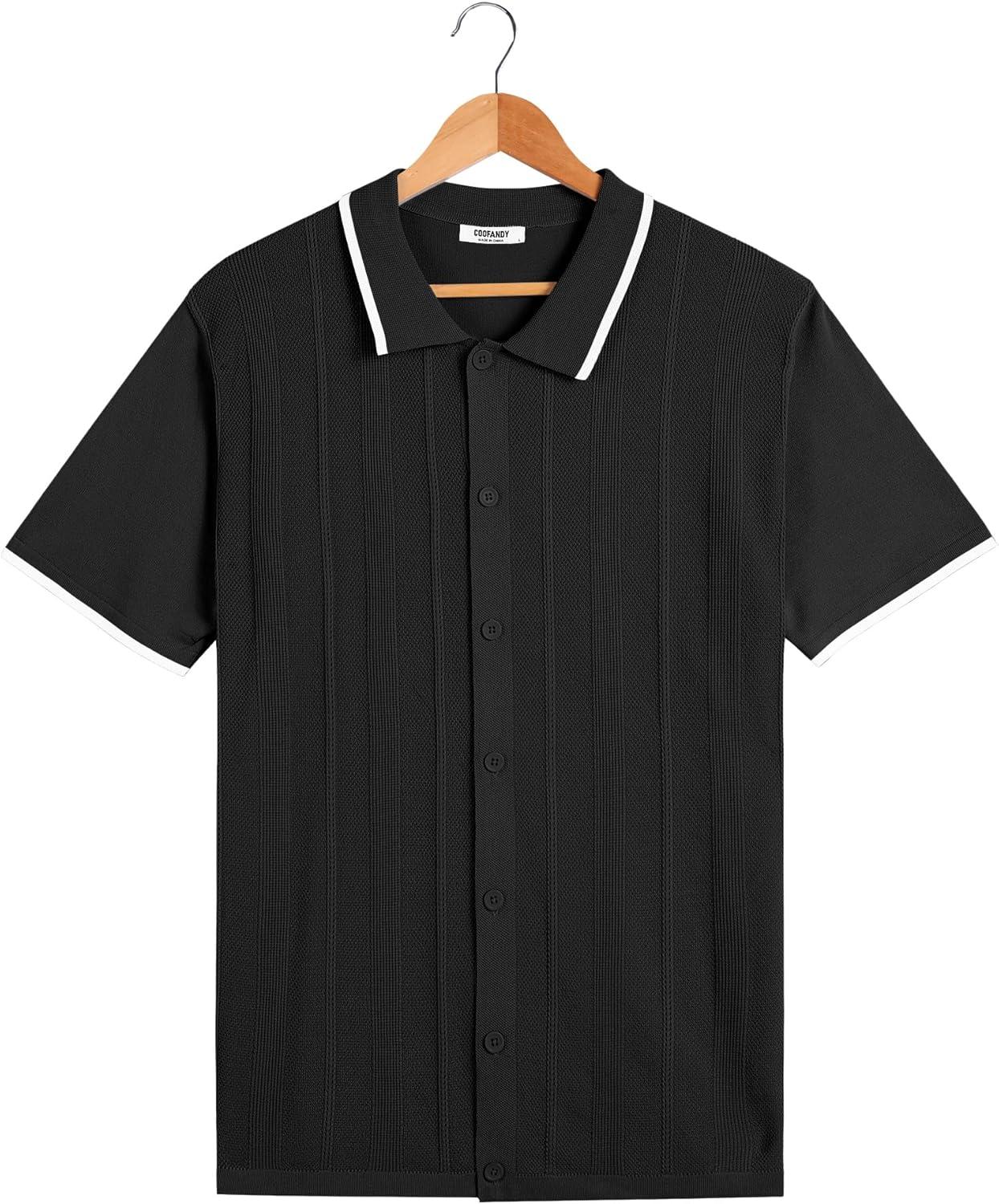 imageCOOFANDY Mens Knit Short Sleeve Button Down Polo ShirtsBlack White