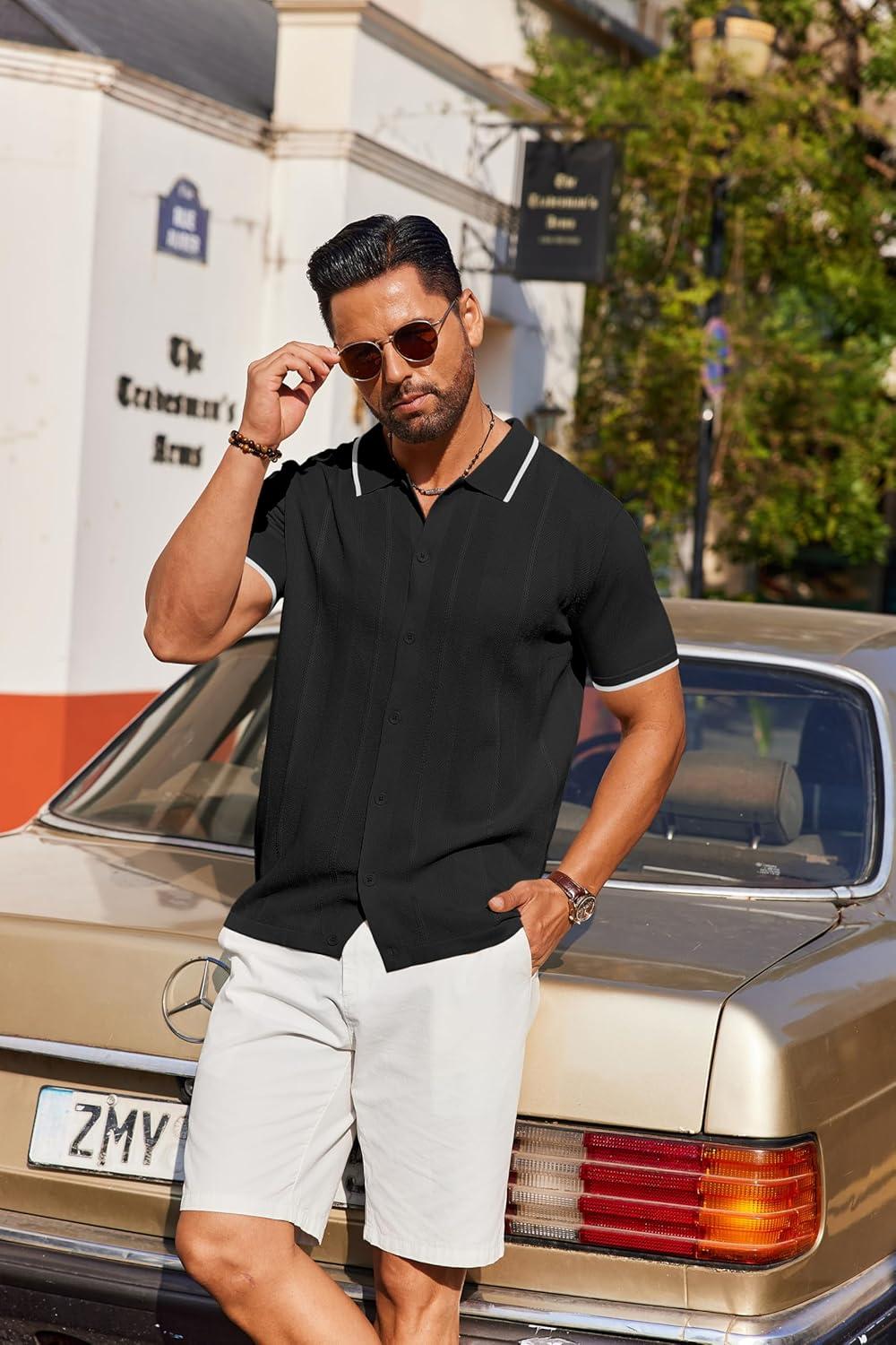 imageCOOFANDY Mens Knit Short Sleeve Button Down Polo ShirtsBlack White