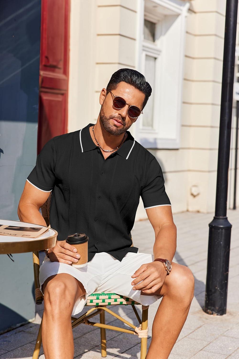 imageCOOFANDY Mens Knit Short Sleeve Button Down Polo ShirtsBlack White