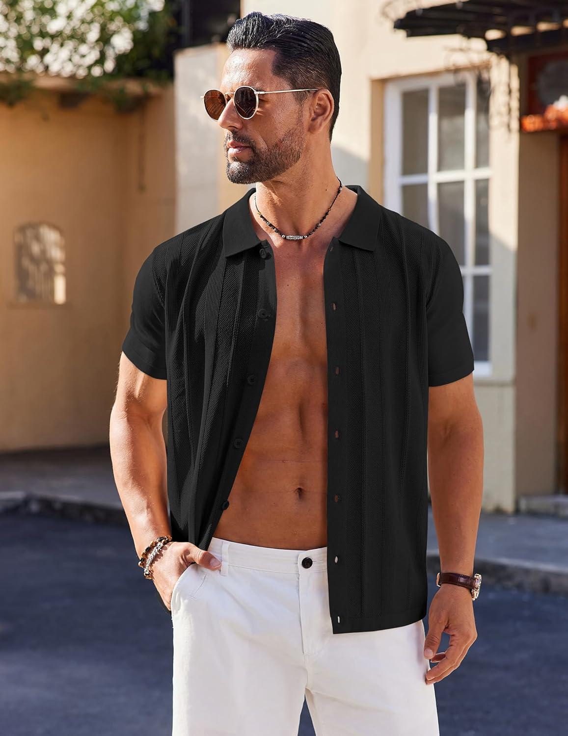imageCOOFANDY Mens Knit Short Sleeve Button Down Polo ShirtsBlack