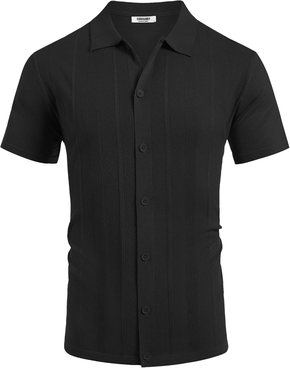imageCOOFANDY Mens Knit Short Sleeve Button Down Polo ShirtsBlack