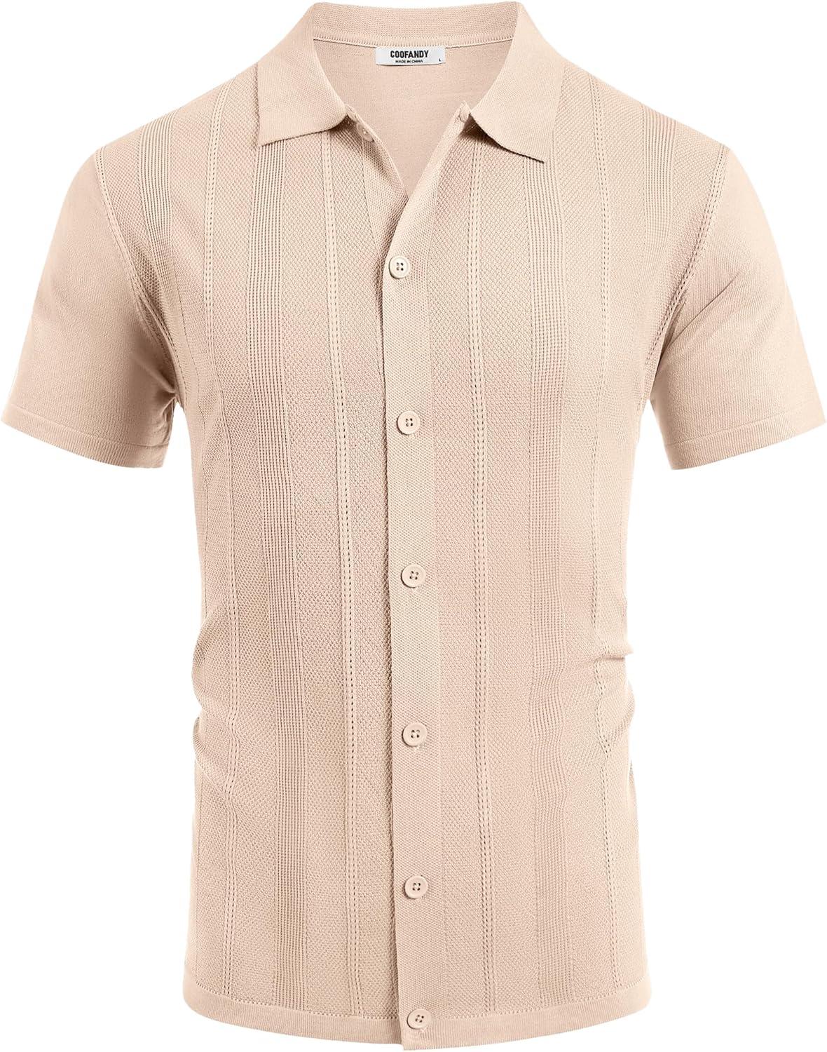 imageCOOFANDY Mens Knit Short Sleeve Button Down Polo ShirtsCream