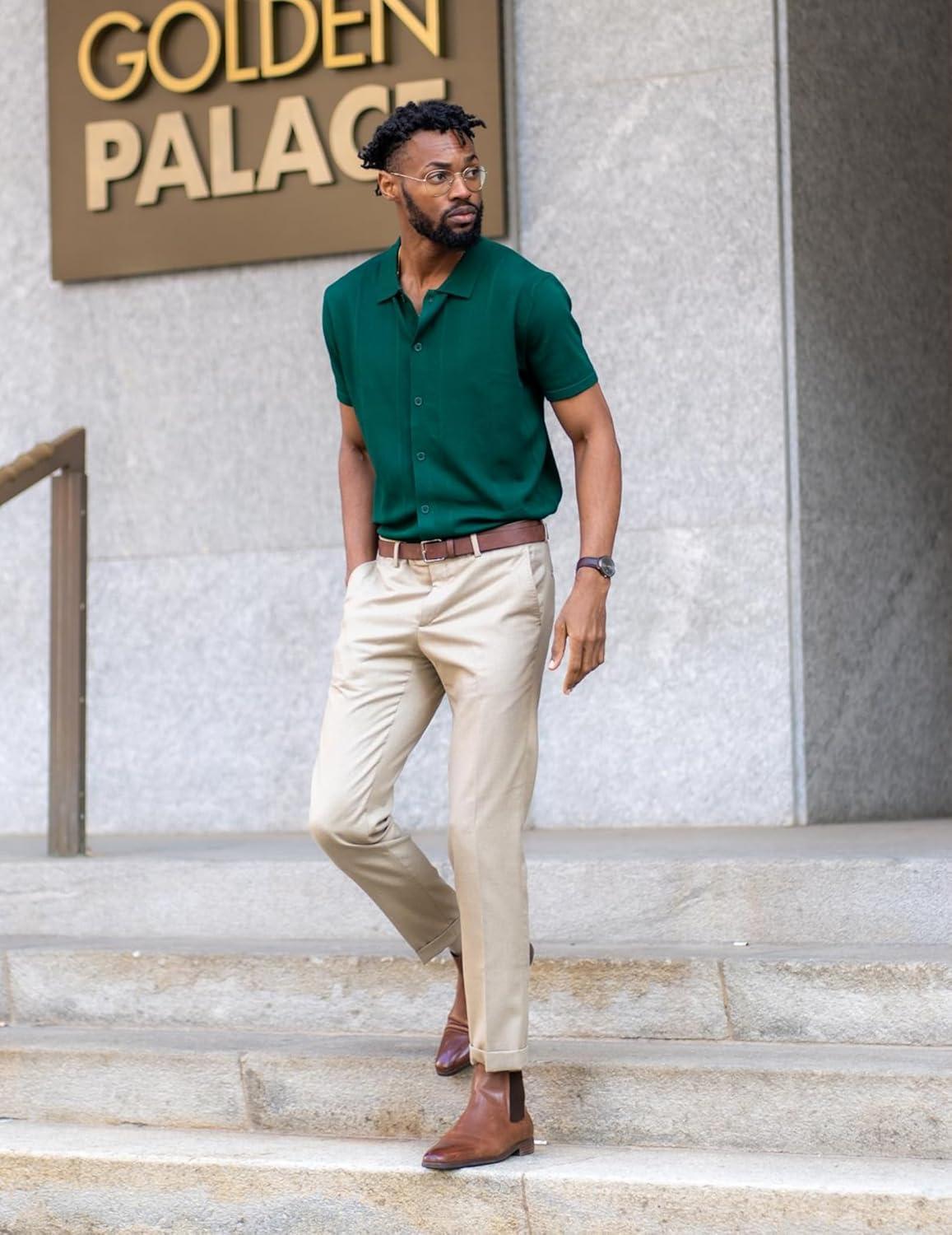 imageCOOFANDY Mens Knit Short Sleeve Button Down Polo ShirtsGreen