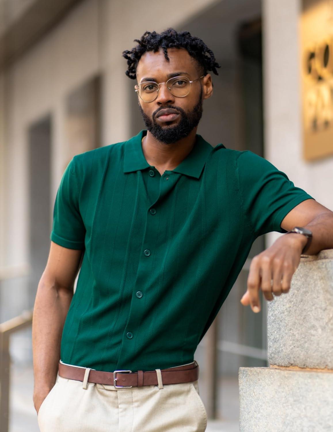 imageCOOFANDY Mens Knit Short Sleeve Button Down Polo ShirtsGreen