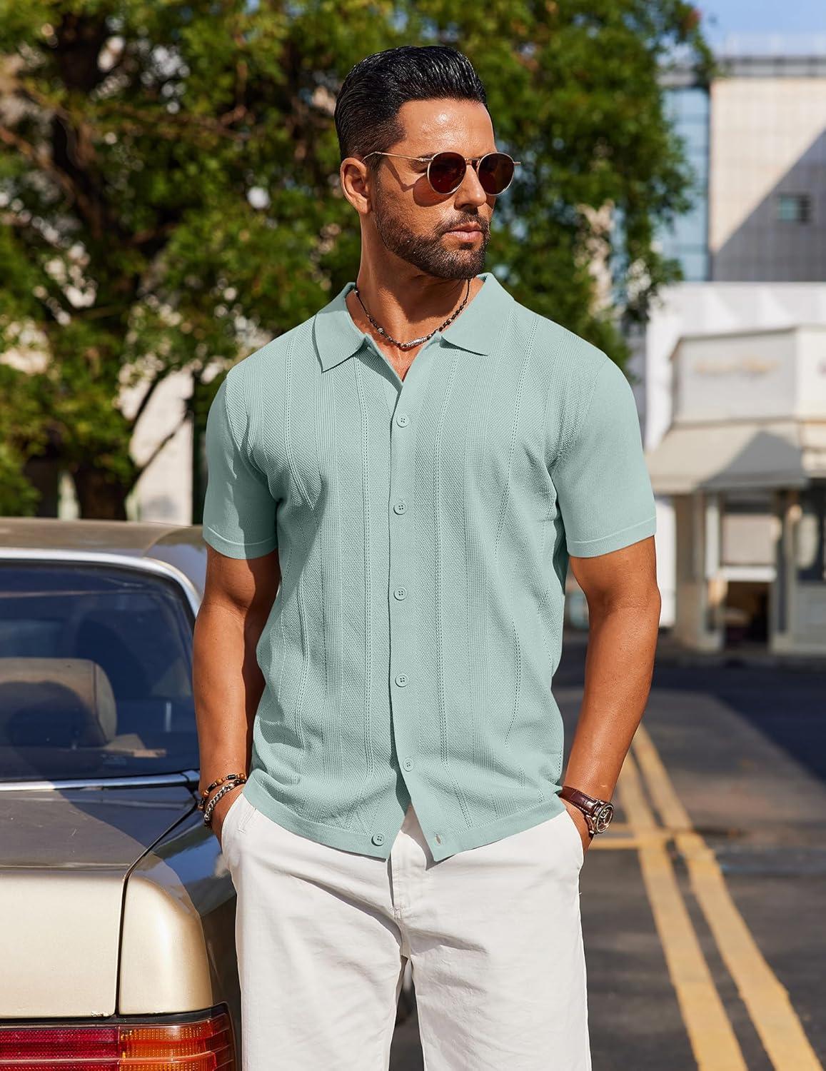 imageCOOFANDY Mens Knit Short Sleeve Button Down Polo ShirtsIce Green