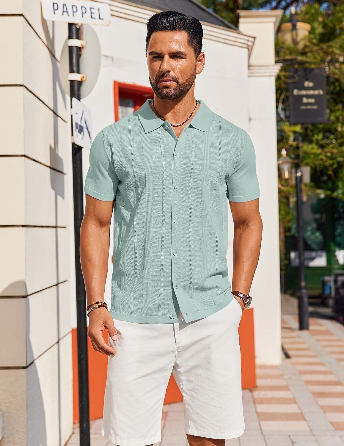 imageCOOFANDY Mens Knit Short Sleeve Button Down Polo ShirtsIce Green