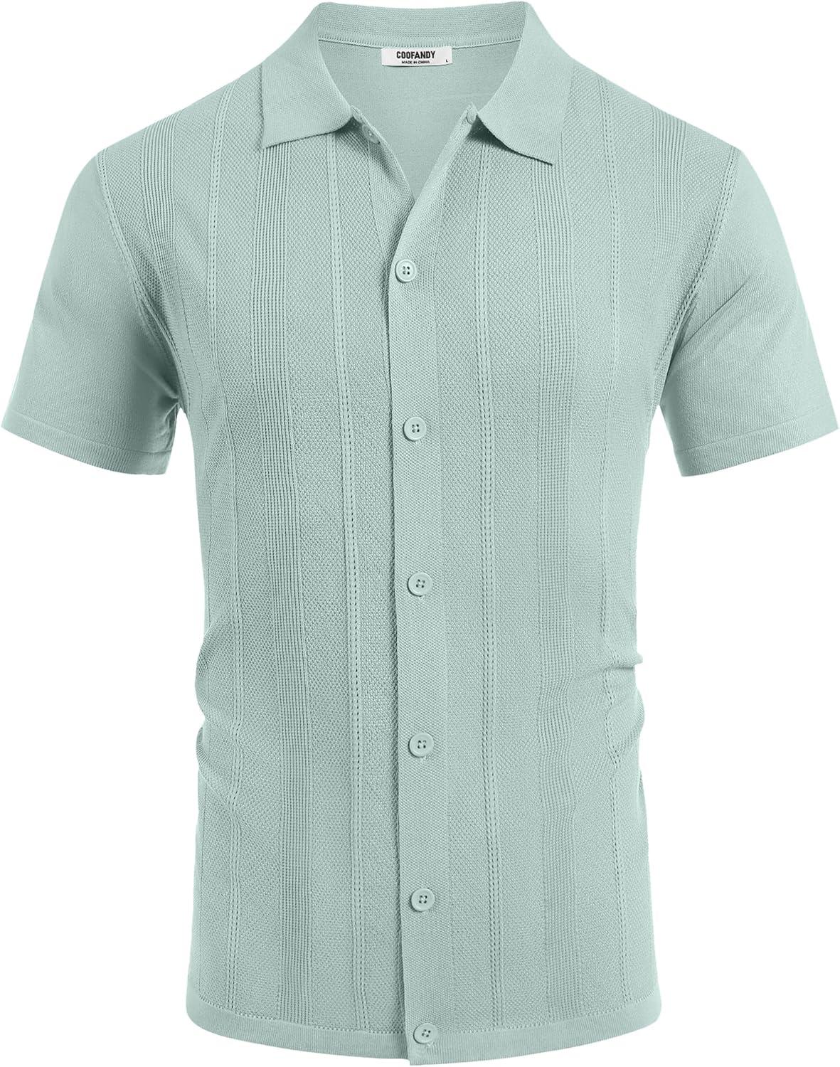 imageCOOFANDY Mens Knit Short Sleeve Button Down Polo ShirtsIce Green