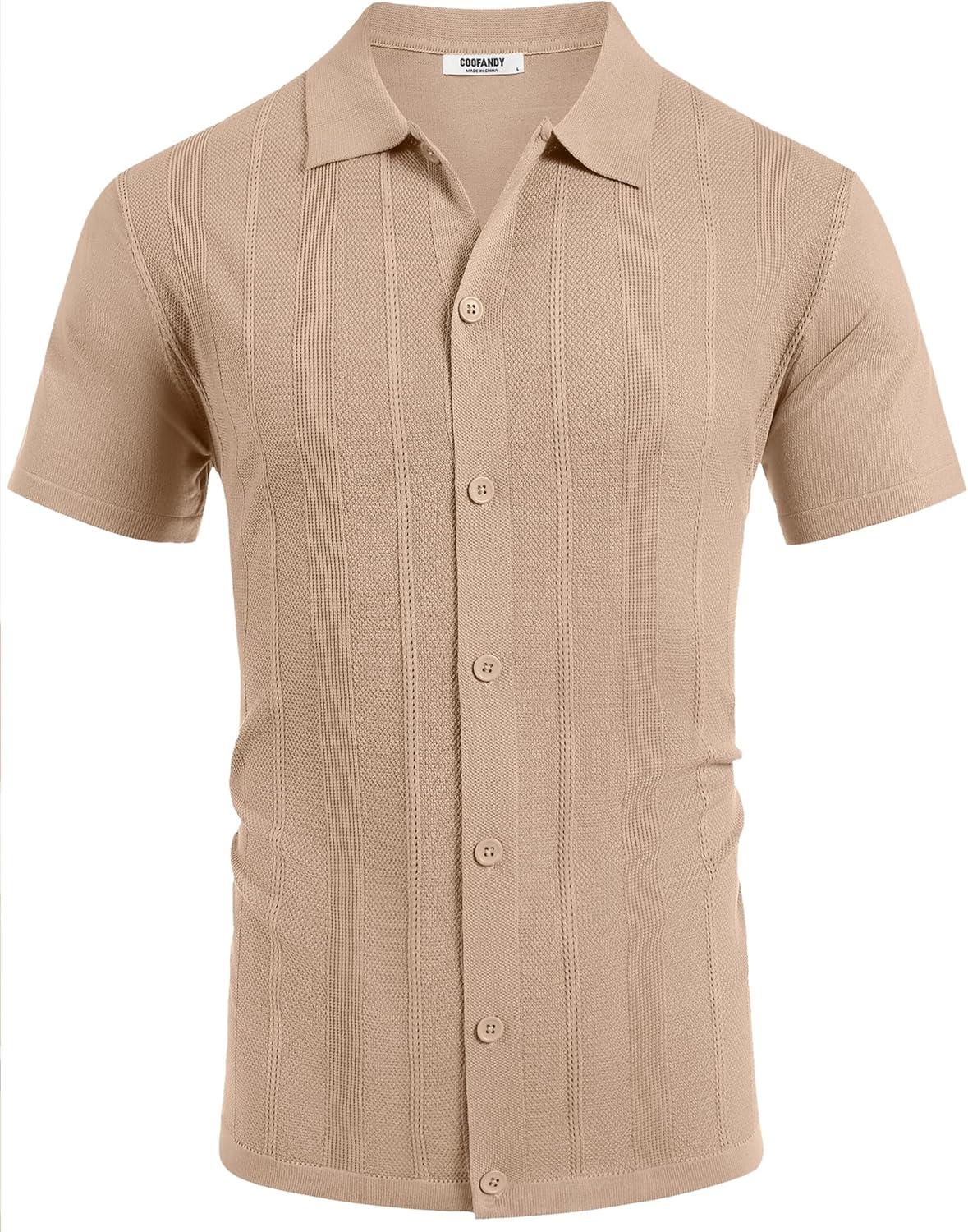 imageCOOFANDY Mens Knit Short Sleeve Button Down Polo ShirtsKhaki